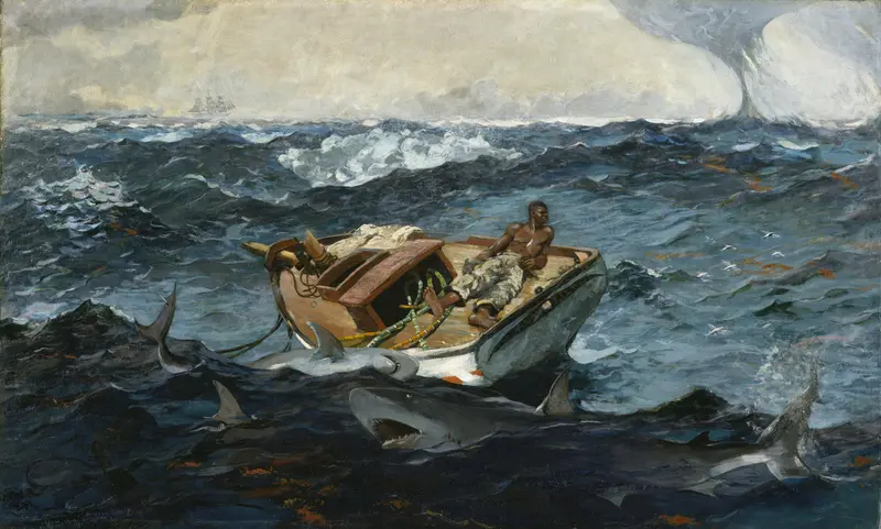 A lone man reclines in a small, damaged boat adrift on a churning sea, surrounded by circling sharks and a distant sailing ship under a cloudy sky.