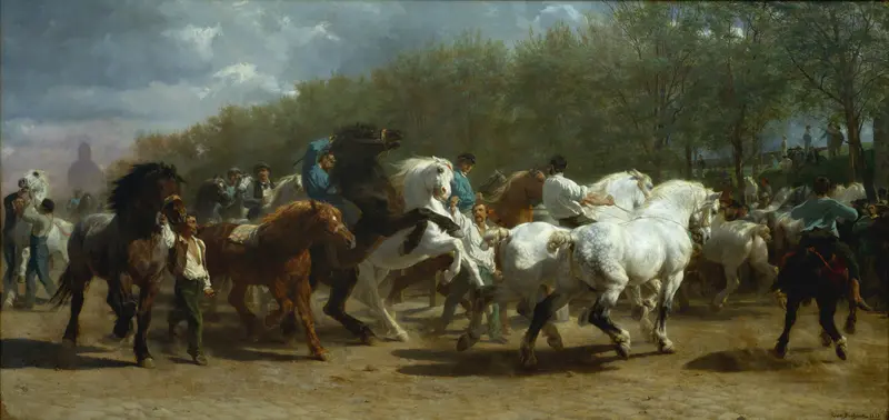 A dynamic scene of horses and handlers at a Paris horse market with white Percherons illuminated under a dramatic cloudy sky.