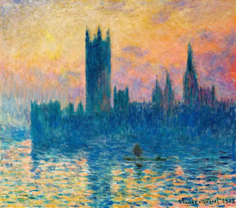 Monet's painting captures the Houses of Parliament in London under a misty atmosphere.