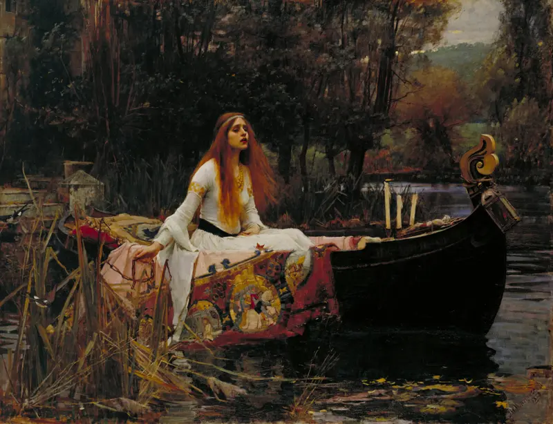 A woman in a boat with a tapestry, gazing beyond the riverbank, surrounded by reeds and autumnal gloom.