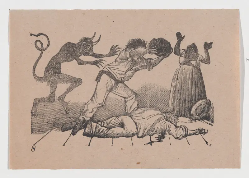 A demon hovers behind a man with a raised rock, while a woman stands in horror nearby.