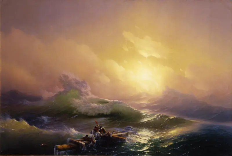 A group of castaways clings to a shattered ship's remains on a raft tossed by large green and blue waves beneath a fiery sunrise sky.