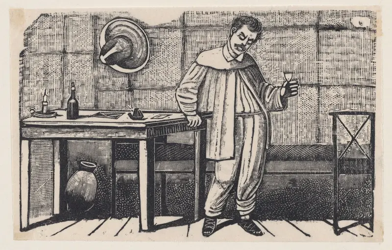 A man in loose dress leans against a table, holding a glass, surrounded by objects that echo his isolation.
