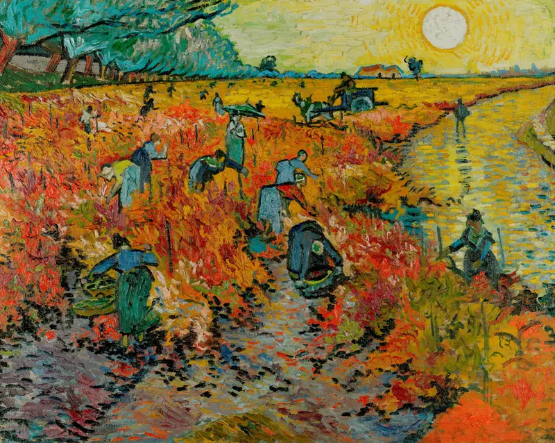 Farmers in blue and green garments work among vivid red and yellow vines with a horse-drawn carriage, a house, and a glowing sky in the background.