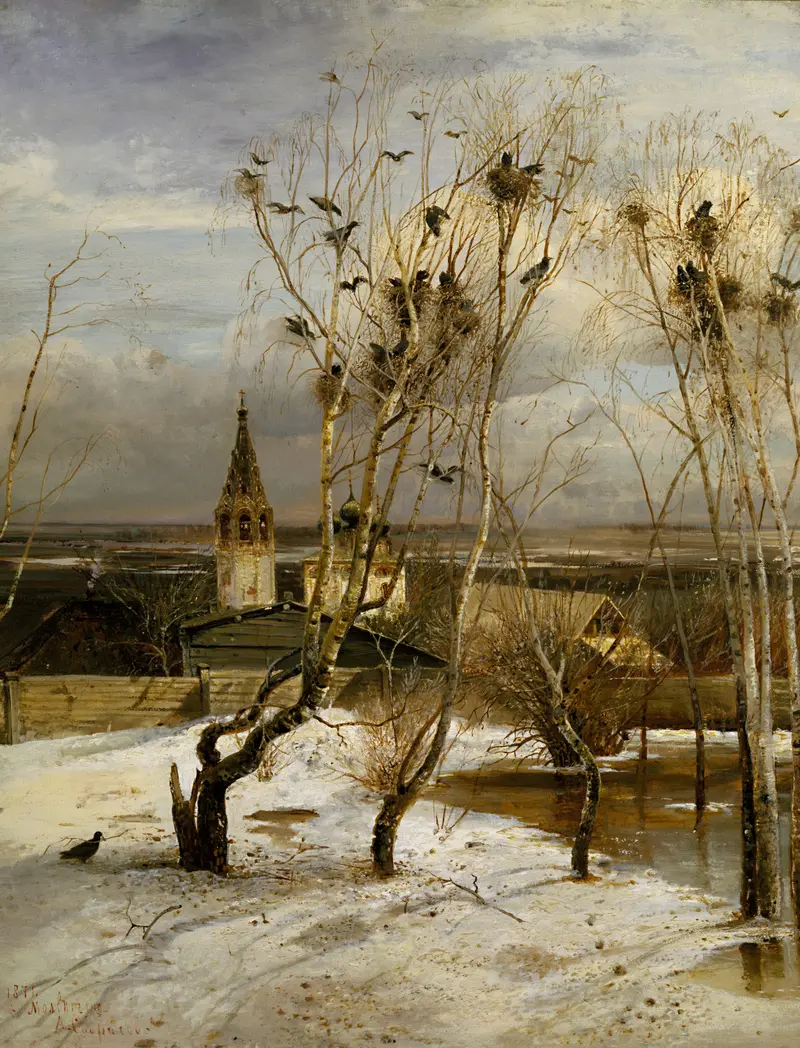 A landscape depicting bare treetops with rooks, snow on the ground, and a church spire in the background under a cloudy sky.