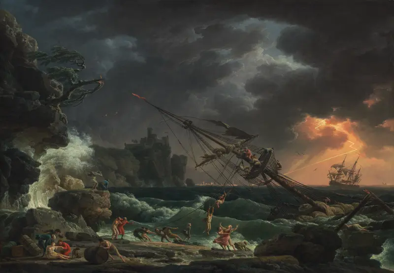 The Shipwreck by Claude-Joseph Vernet, oil painting depicting sailors in a storm.