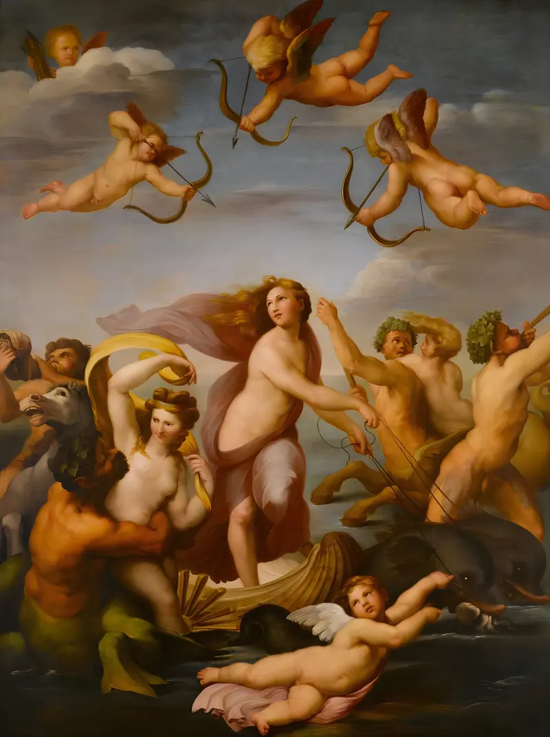 The Triumph of Galatea, a fresco by Raphael depicting the sea-nymph Galatea in a shell chariot.