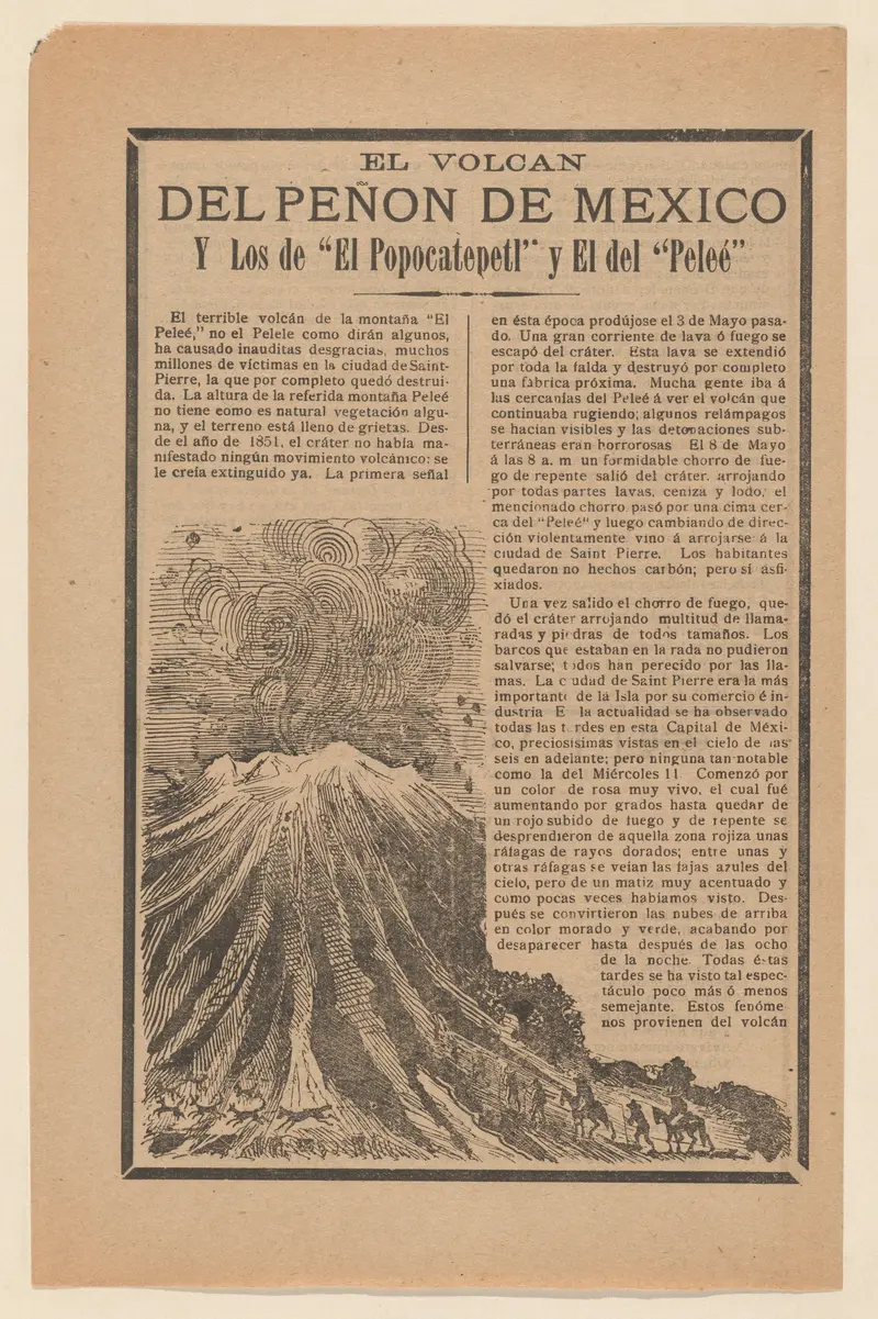 A volcano erupts with vigorous lines and swirling smoke, while tiny figures in the foreground express awe or fear.