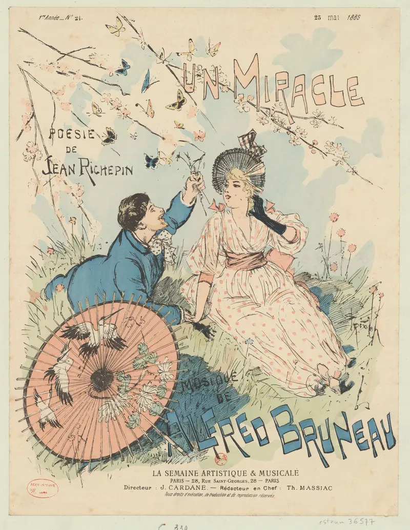A young man offers blossoms to a woman with a parasol and bonnet, surrounded by butterflies and spring motifs.