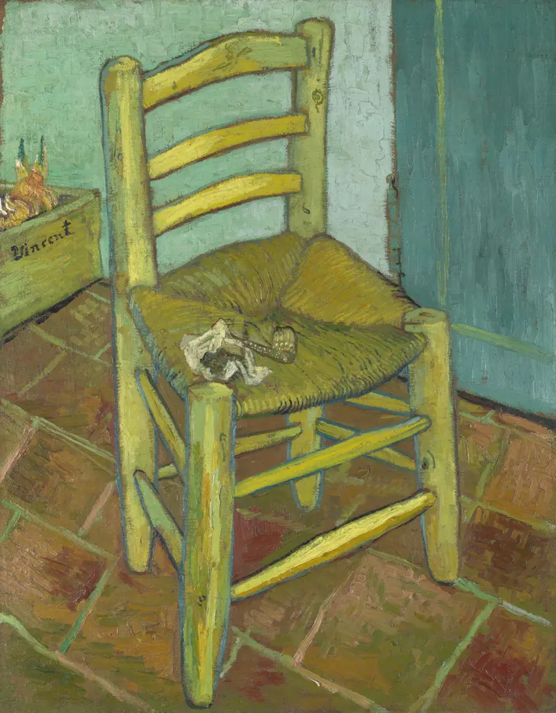 A simple rush-seated chair with a pipe and tobacco pouch on its seat, painted by Vincent van Gogh.
