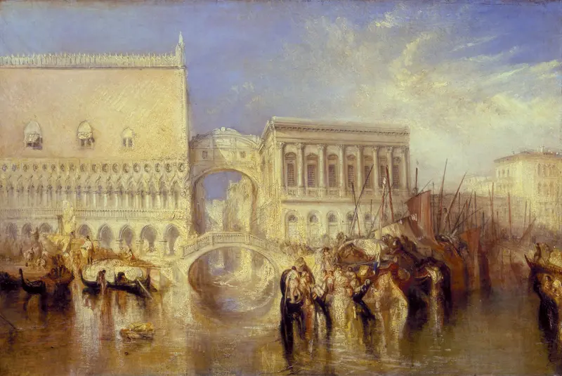 A luminous depiction of Venice's Bridge of Sighs by Turner, blending architecture with light and color.