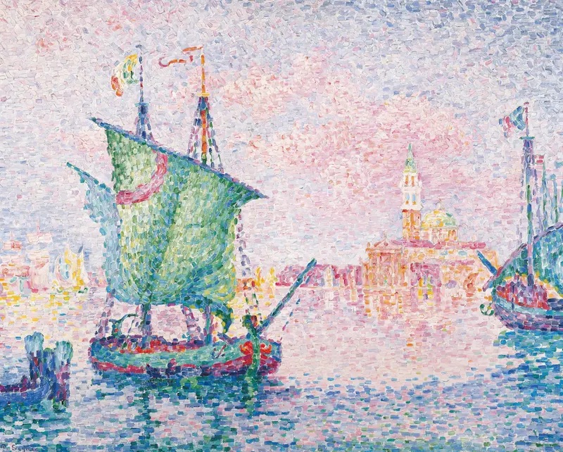 Venice, The Pink Cloud by Paul Signac, oil on canvas, features pink clouds and reflections on water.