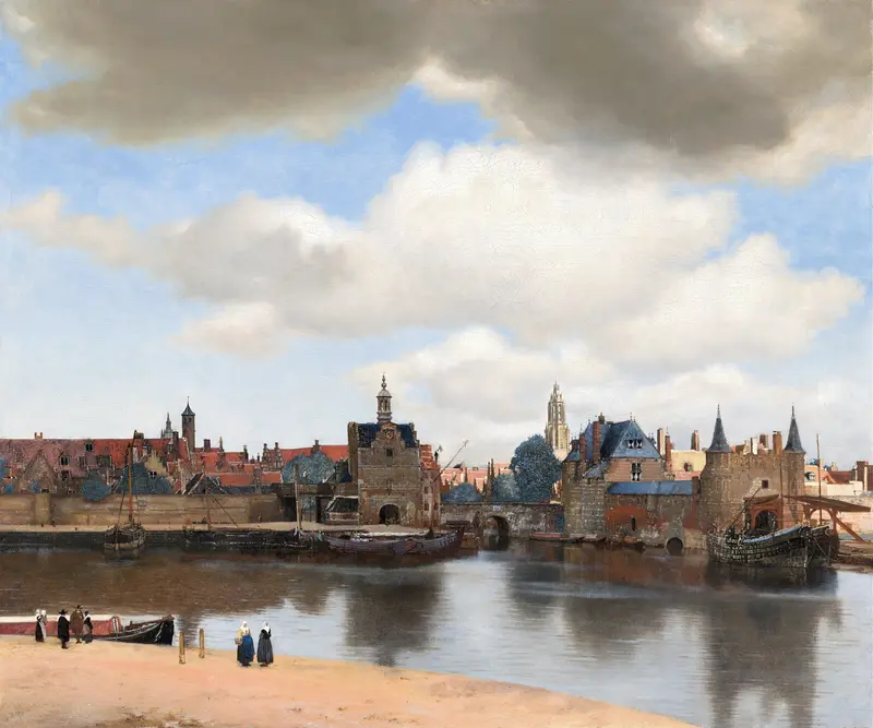 A cityscape showing Delft’s harbor with boats, figures on the riverbank, fortified gates, red-tiled rooftops, and the tall spire of the Nieuwe Kerk under a cloudy sky.