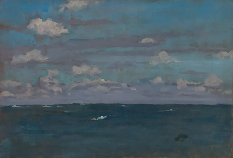 A painting showing a deep blue sea with small white waves beneath a sky of violet and silver-grey clouds.