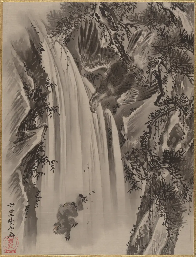 Waterfall, Eagle and Monkey by Kawanabe Kyôsai
