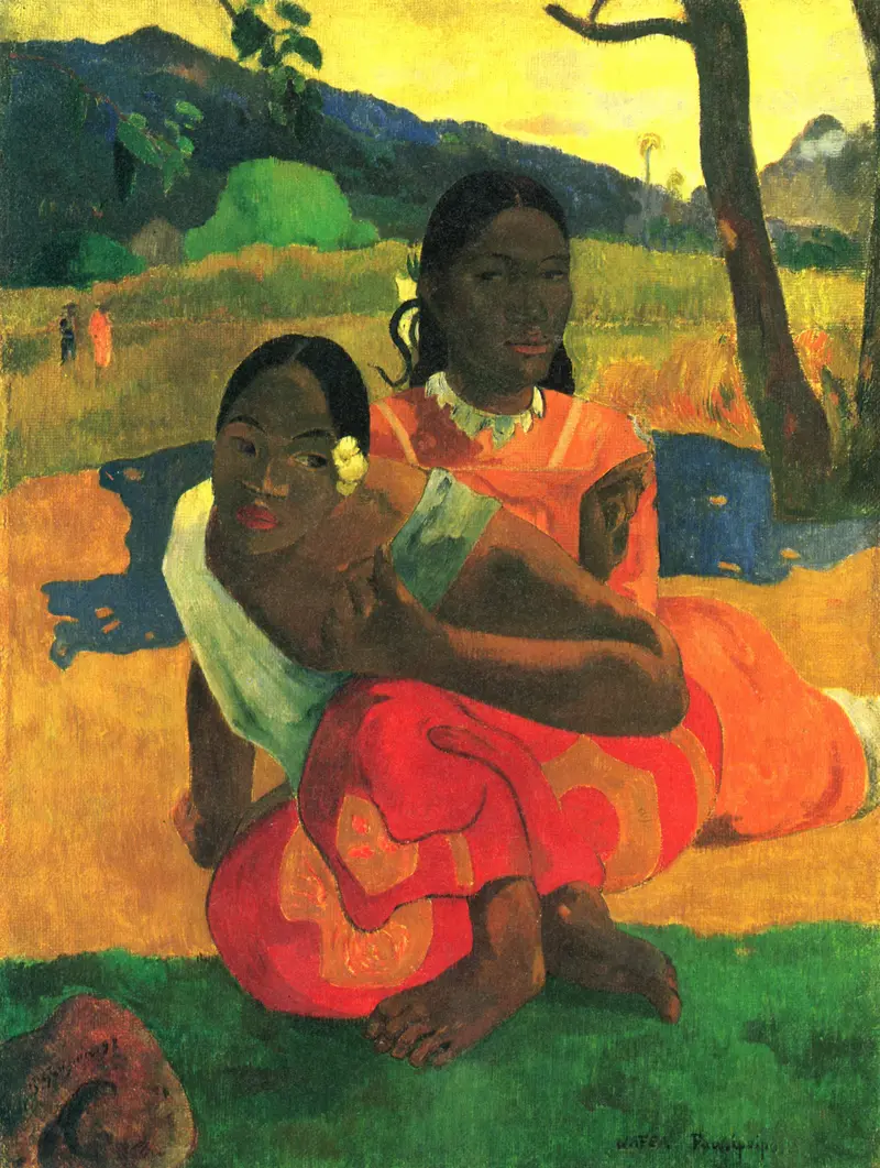 Two Tahitian women sit against a yellow and blue background; one wears a pale green wrap and red skirt, the other a pink dress with white trim and necklace.