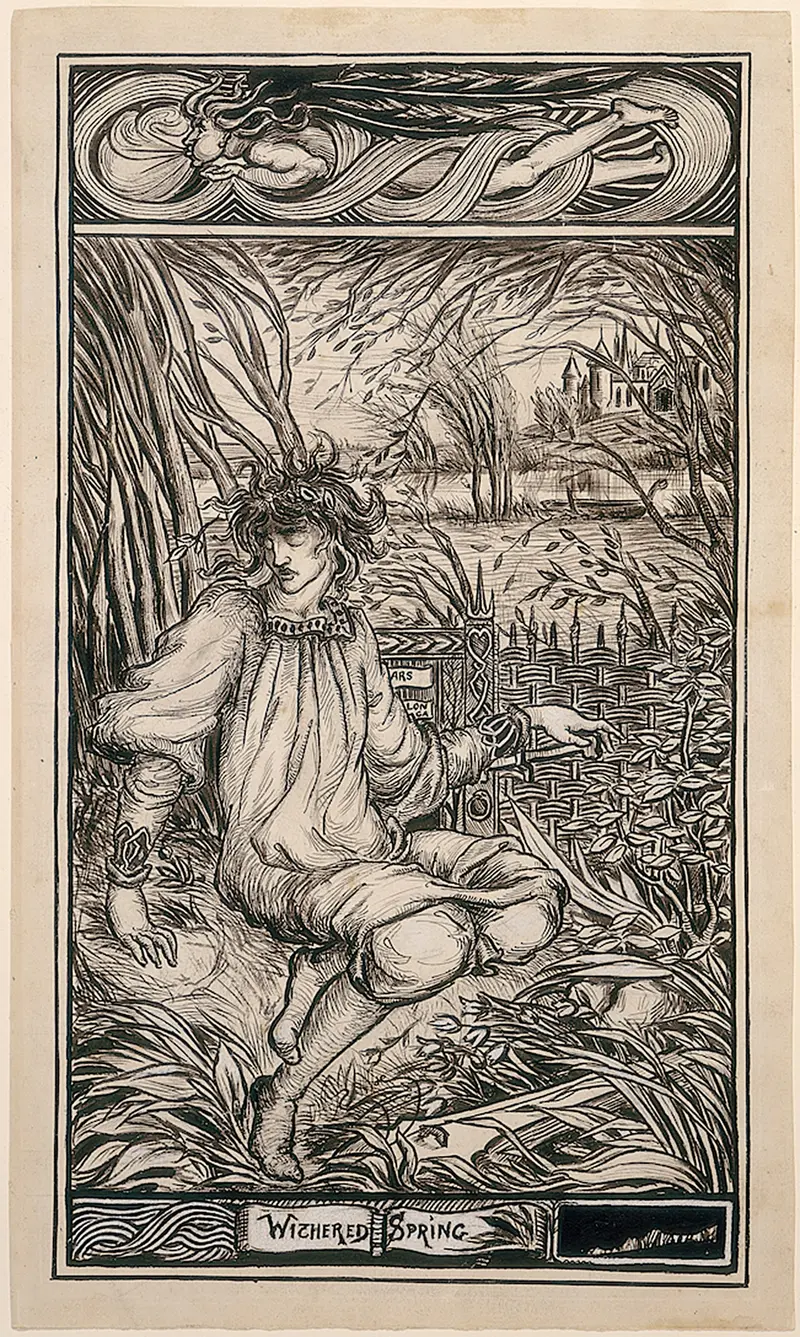 A crowned figure in loose garments sits among tangled reeds and branches, gazing distantly as a cherub unfurls ribbons above.
