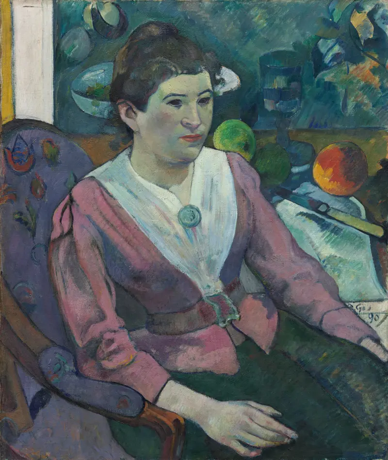 Woman in Front of a Still Life by Paul Gauguin, linen medium, featuring a woman in contemplation.