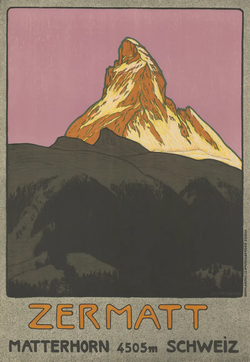 A striking depiction of the Matterhorn against a pink sky, showcasing bold lines and contrasting light.